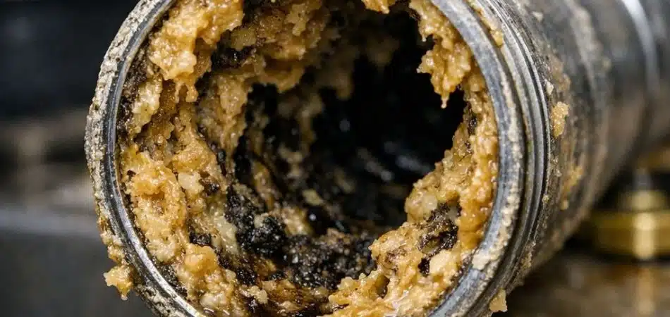 Close-up of a metal pipe with heavy internal buildup of brown and black mineral and sludge deposits, illustrating how grease can build up inside kitchen drain pipes, leading to severe clogging or corrosion.