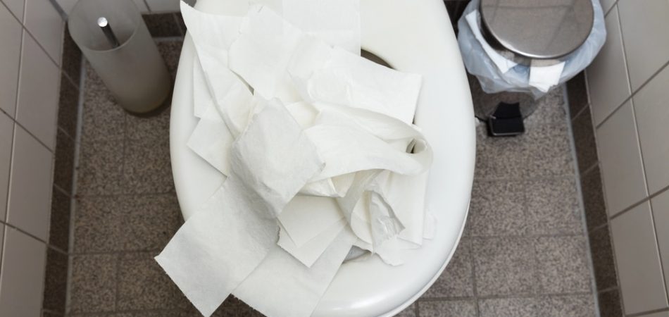 A toilet with a closed lid is covered in white paper towels. Nearby, a waste bin has a metal lid and a plastic bin liner. The scene suggests disorder.