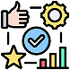 Icons of a thumbs up, gear, star, check mark, and bar chart arranged in a square, representing concepts of approval, process, quality, validation, and performance.