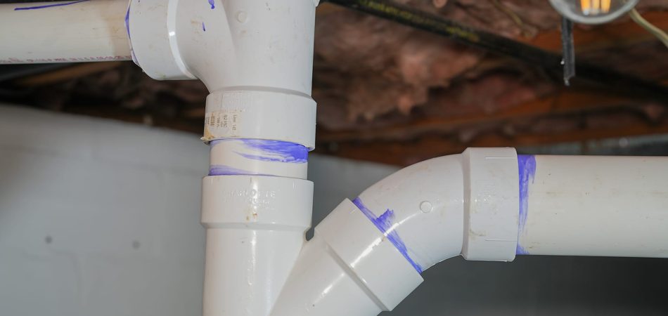 Close-up of white PVC plumbing pipes with purple primer at the joints, installed in a basement with exposed insulation and wooden beams.
