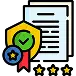 Illustration of documents with a certificate, a checkmark, a ribbon, and four stars, representing certification, approval, or quality assurance.