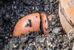 Cracked orange sewer pipe buried in gravel and dirt
