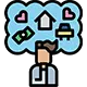 Illustration of a person with a thought bubble containing icons of a house, car, money, and hearts, representing various life priorities or dreams.