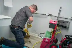 A worker kneels on the floor using a commercial drain cleaning machine to clear a clogged pipe in a bathroom.