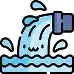 Illustration of water pouring from a blue pipe into a body of water, creating splashes.