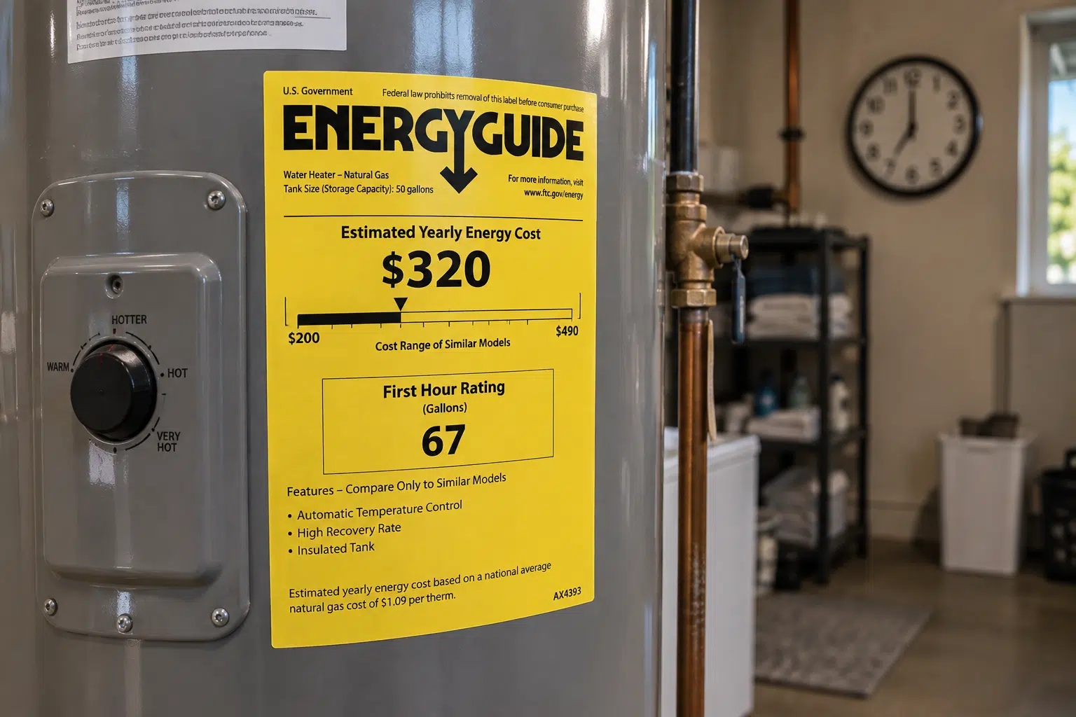 Energy Guide Water Heater in Utility Room