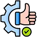 Icon of a mechanical gear with a hand giving a thumbs up, symbolizing approval or success