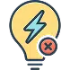 Illustration of a lightbulb with a blue lightning bolt inside and a red circle with an X in the lower right corner, symbolizing no power or electricity.