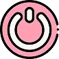 A pink circular power button icon with a white power symbol in the center and a black outline.