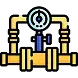 Icon of a gas line system with pipes, valves, and a pressure gauge in the center.