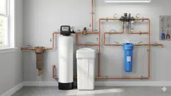 Water filtration system with multiple components, copper pipes, and gauges.