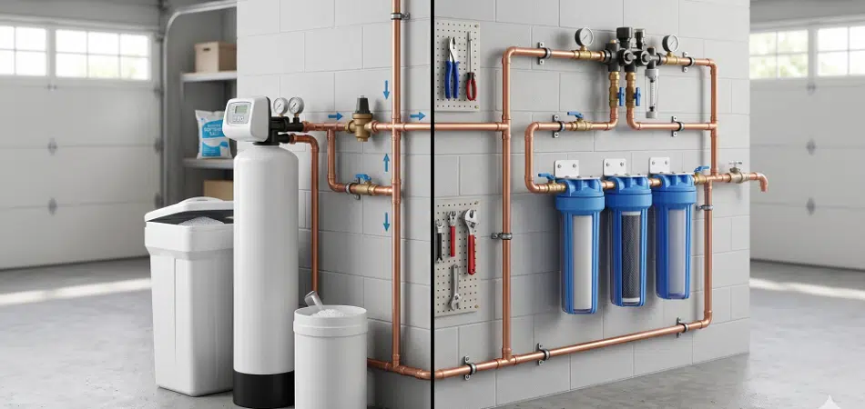 A water softener system and a multi-stage water filtration system with copper piping are shown in a garage.