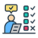 Icon of a person with a laptop, checklist beside them. Yellow speech bubble with a check mark above
