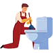 Illustration of a plumber in red overalls using a plunger on a toilet.