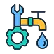 Icon of a pipe with a dripping tap, flanked by a wrench and gear.
