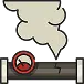 Icon of a pipe with smoke or gas escaping and a warning symbol, representing hissing sounds near gas lines.