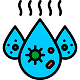 Three blue water droplets with green virus-like symbols inside,