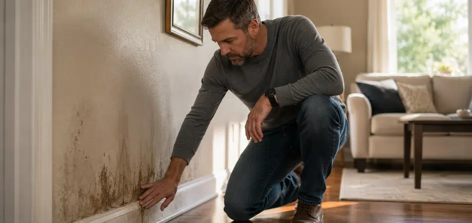 Inspecting water damage in a cozy home