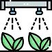 Illustration of a water sprinkler system irrigating two green plants with water spraying from two nozzles.