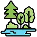 A simple illustration of trees, bushes, and a body of water, representing a natural outdoor landscape.