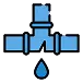 Icon of a blue water valve with a leak drop falling from it icon
