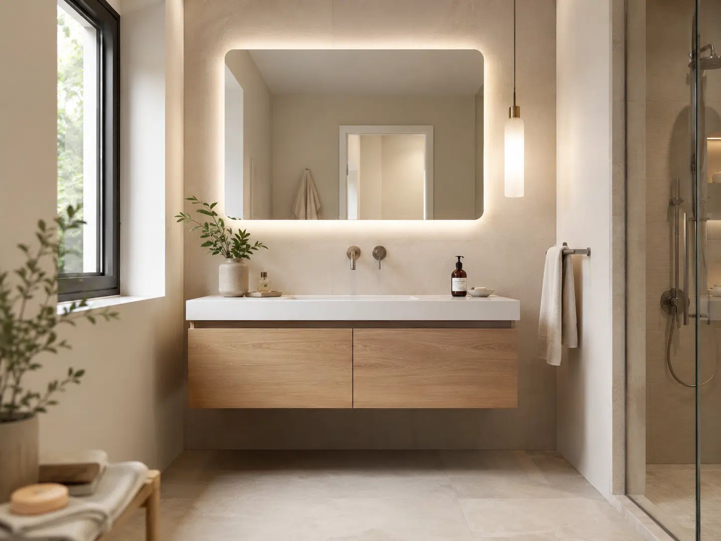 Modern minimalist shower with neutral tones