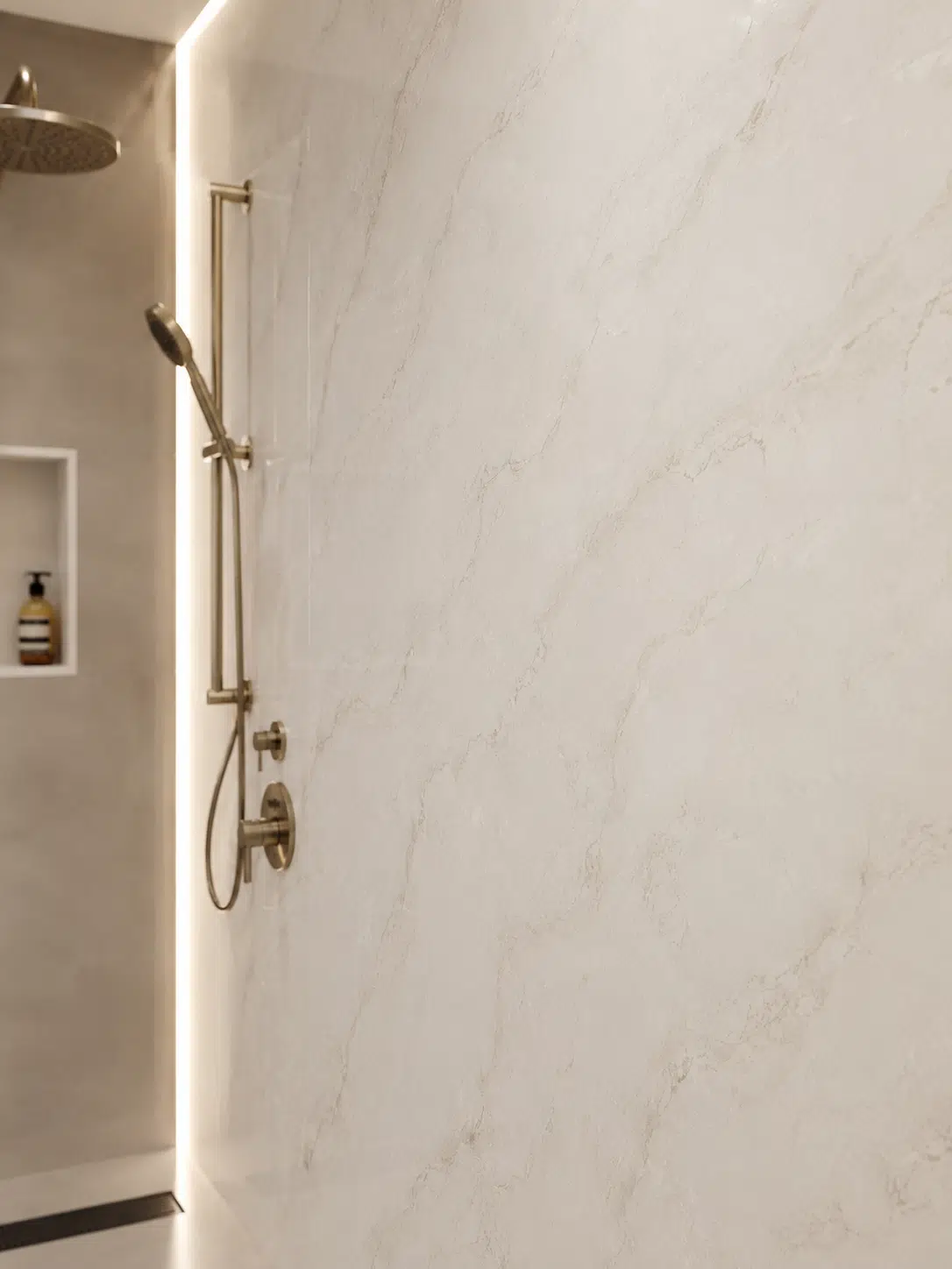 Minimalist modern shower with brass accents