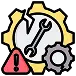 Icon showing a broken yellow gear, a wrench, a gray gear, and a red warning triangle with an exclamation mark, indicating a mechanical error or system malfunction.