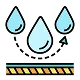 Three blue water droplets bounce off a yellow and black striped surface, illustrating a water-repellent or hydrophobic material.
