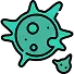 A teal, abstract virus icon