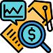 Icon depicting financial analysis. Features a speech bubble with a line graph, a magnifying glass over a dollar symbol, and documents