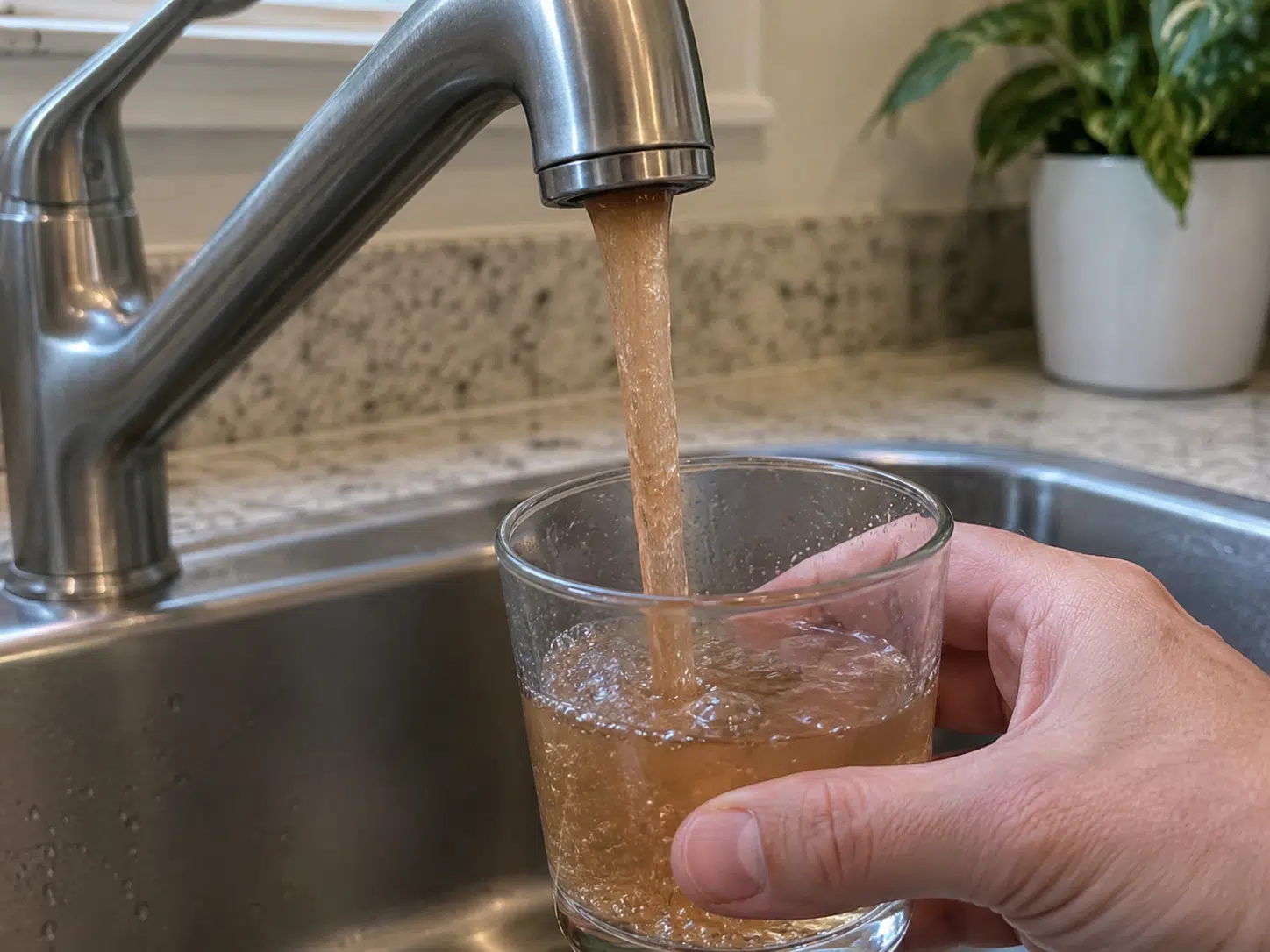 Murky Water Filling Glass at Kitchen Sink