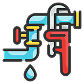 Blue pipes with a red wrench and a leaking droplet icon