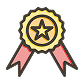 A gold award medal with a star in the center and two red ribbons hanging below.