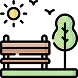 Icon of an outdoor park scene with a bench, tree, sun, and birds, representing outdoor living space planning.