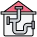 A simple illustration of a house with visible plumbing pipes inside.