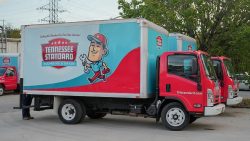 A red and blue Tennessee Standard Plumbing & Drain box truck featuring a cartoon plumber holding a wrench is parked outdoors near trees and other vehicles, ready to tackle any plumbing problems.