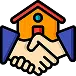 Two hands shaking in front of a house, symbolizing an agreement or partnership related to real estate or housing.