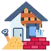 Illustration of a house under construction with building materials, including a pile of sand, bricks, a shovel, and partially completed roof shingles.