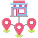 Icon of a storefront, connected by lines to three pink map pins