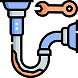 An icon of a blue and gray plumbing pipe with a curved joint and an orange wrench above it, suggesting repair or maintenance.