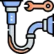 An icon of a blue and gray plumbing pipe with a curved joint and an orange wrench above it, suggesting repair or maintenance.