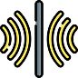 Icon of a smartphone with yellow sound waves emanating from both sides icon