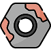 A gray metal hex nut with a black center and rust on two edge icon