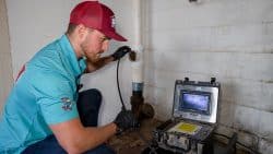 A technician in a teal shirt and red cap inspects a pipe for drain cleaning in Knoxville, using a camera cable and viewing the results on a monitor in a utility room with concrete walls.