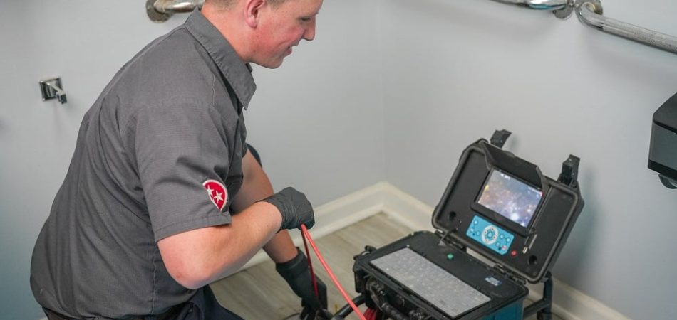A technician uses a video inspection device to examine plumbing in a bathroom, viewing footage on a monitor—an essential step before drain cleaning in Knoxville.