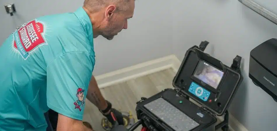 A technician in a blue shirt operates a sewer inspection camera system in a bathroom, viewing the monitor for signs of plumbing problems while carefully handling the equipment.