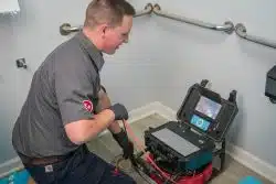 A plumber uses advanced plumbing tools, including a drain auger machine, to clear a clogged pipe in a restroom, kneeling next to an exposed drain with equipment nearby for improved repair accuracy.