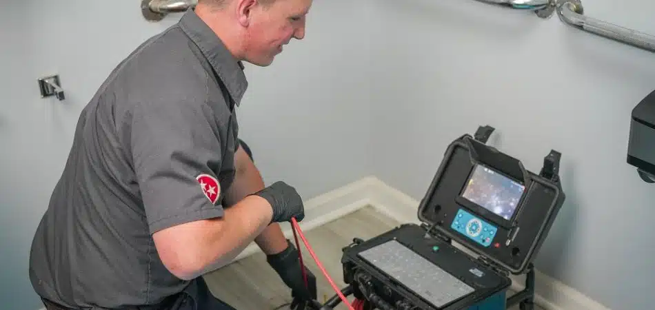 A plumber uses advanced plumbing tools, including a drain auger machine, to clear a clogged pipe in a restroom, kneeling next to an exposed drain with equipment nearby for improved repair accuracy.