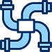 Diagram of four blue pipes connected at the center, forming an X shape with valves or connectors at each end.